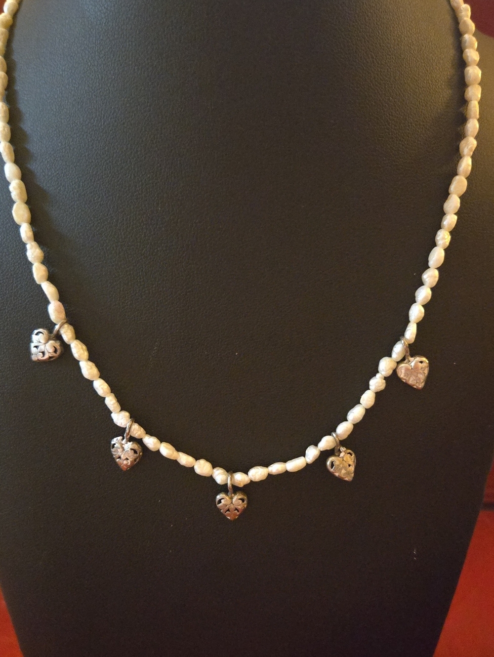 Vintage Freshwater Rice Pearl Choker Necklace with Sterling Silver Heart Charms